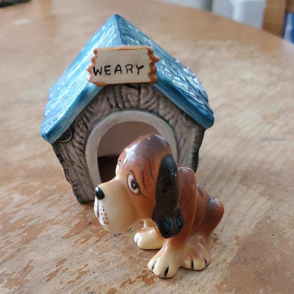 Vintage weary Dog Figurine with Blue Doghouse salt and pepper shaker set